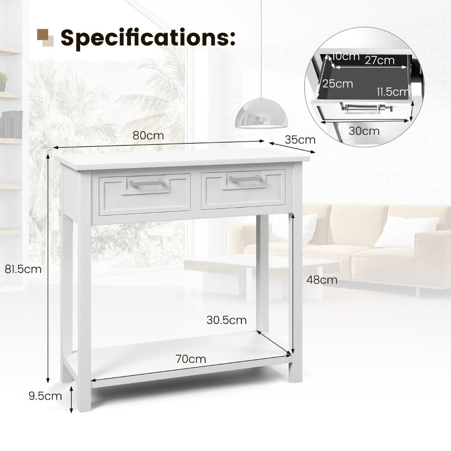 White wooden console table with 2 drawers and bottom shelf, showing dimensions