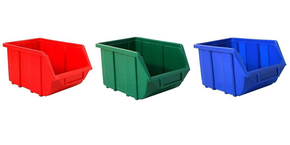 Red, green, and blue plastic storage bins