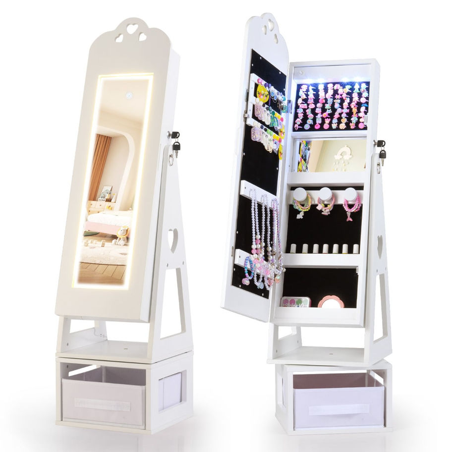 Swivel kids jewelry cabinet: mirror view and open storage