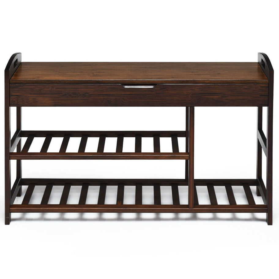 Dark brown wooden shoe storage bench