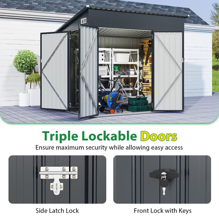 Storage shed with triple doors, showing latch and key locks.