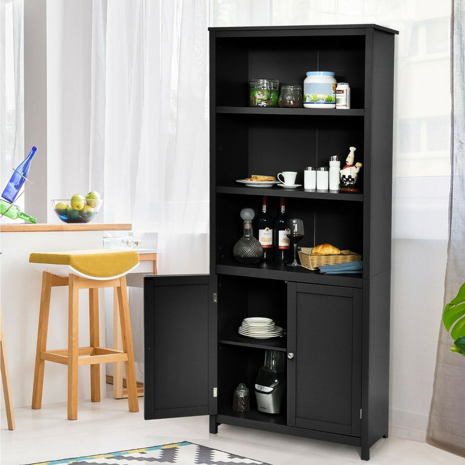 Tall black storage cabinet with open shelves and lower doors