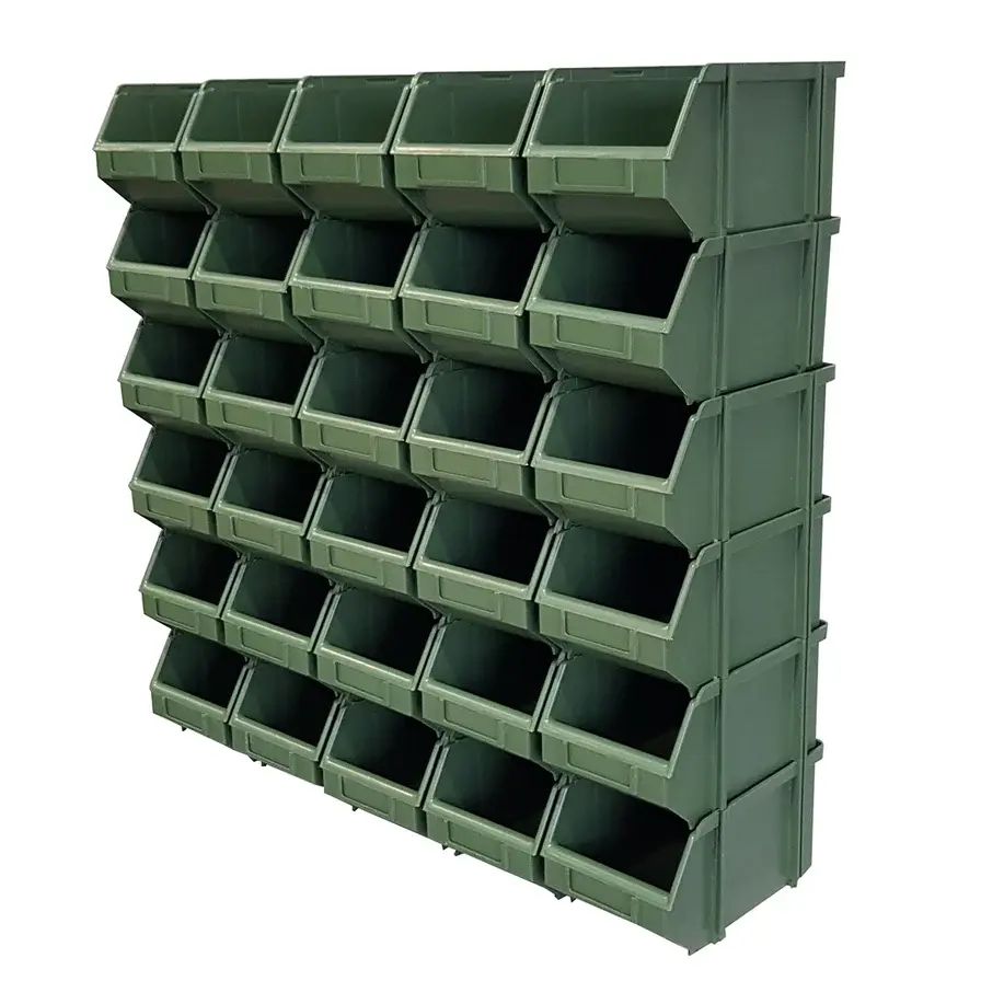 Stackable green plastic storage bins