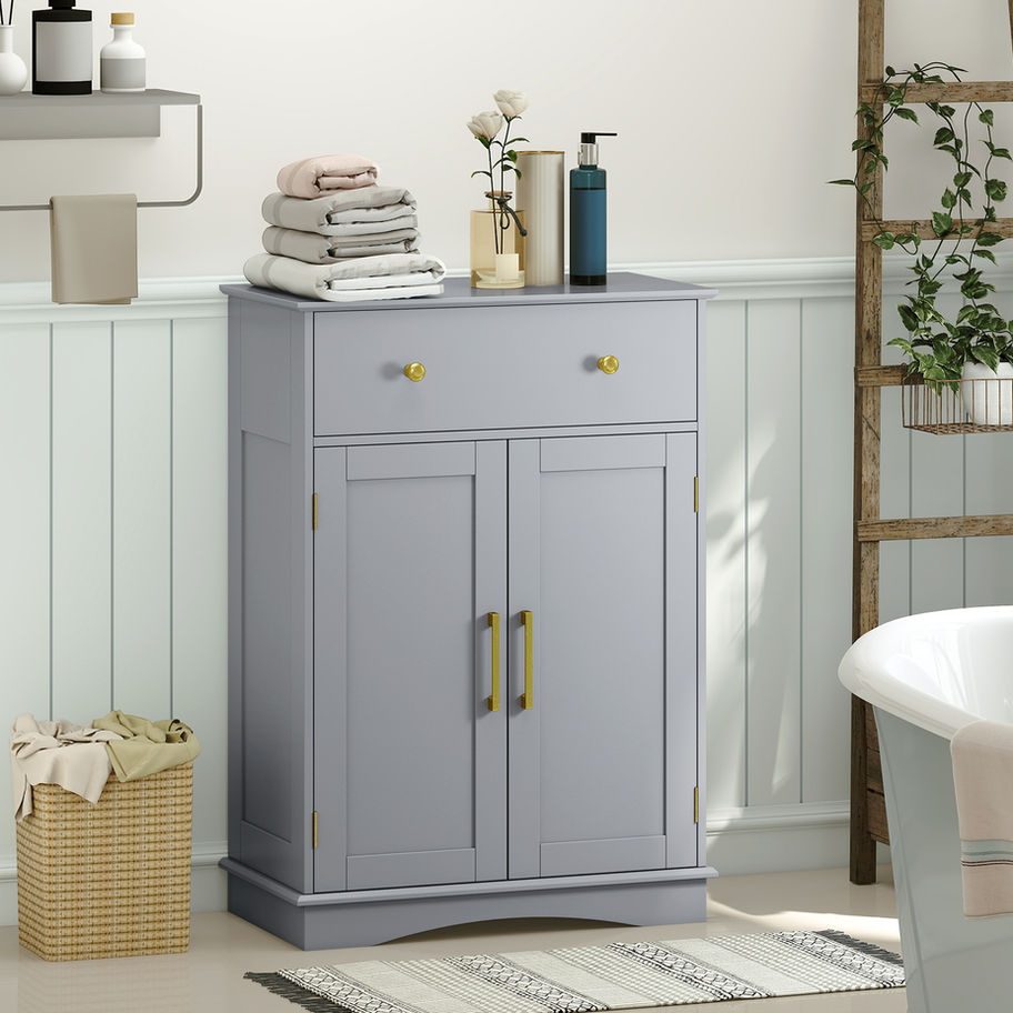 Grey Floor Storage Cabinet with Doors and Adjustable Shelf