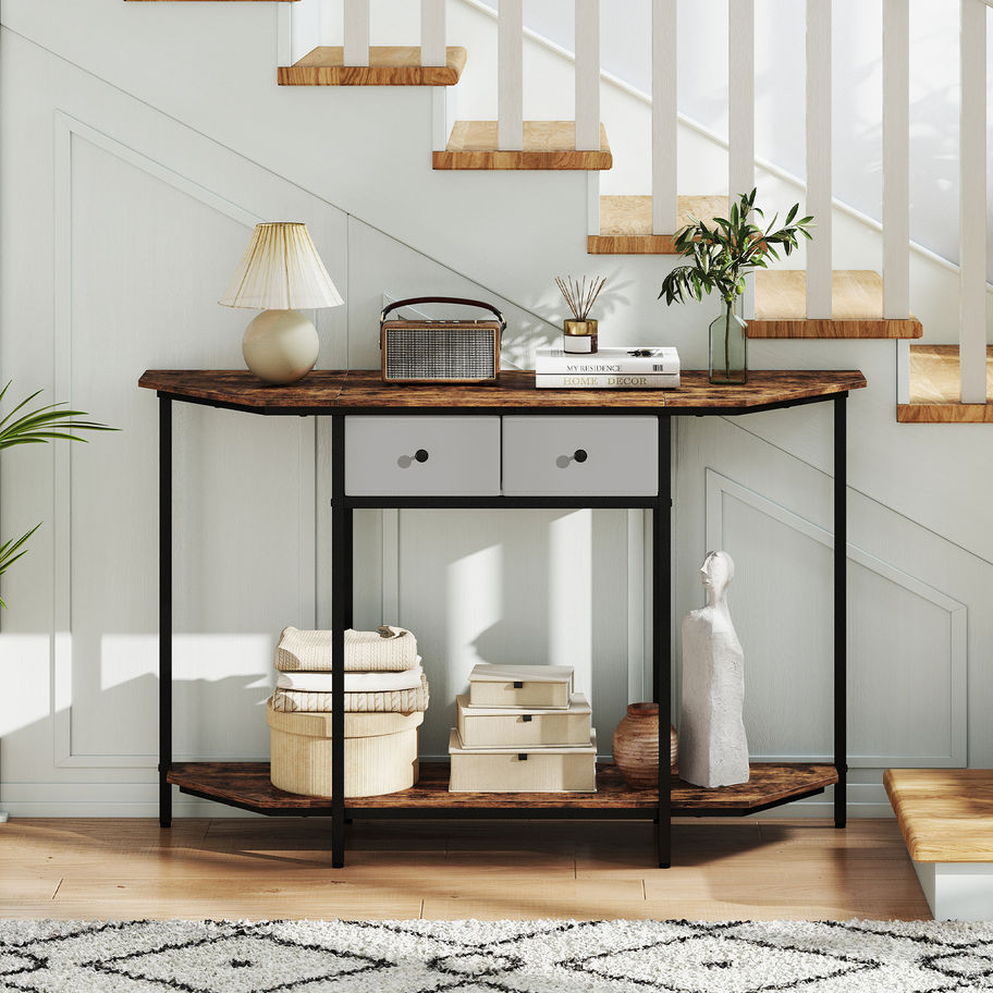 Console table with drawers and shelf under staircase