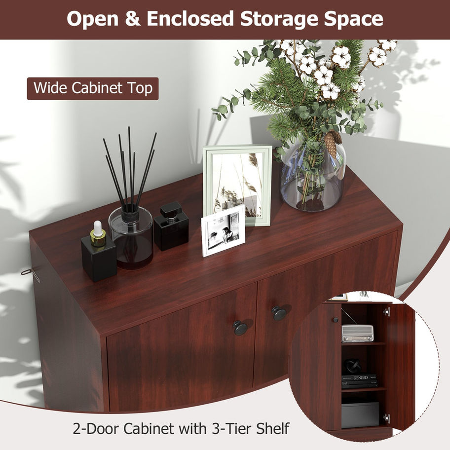 Dark brown 2-door cabinet with wide top and 3-tier enclosed storage