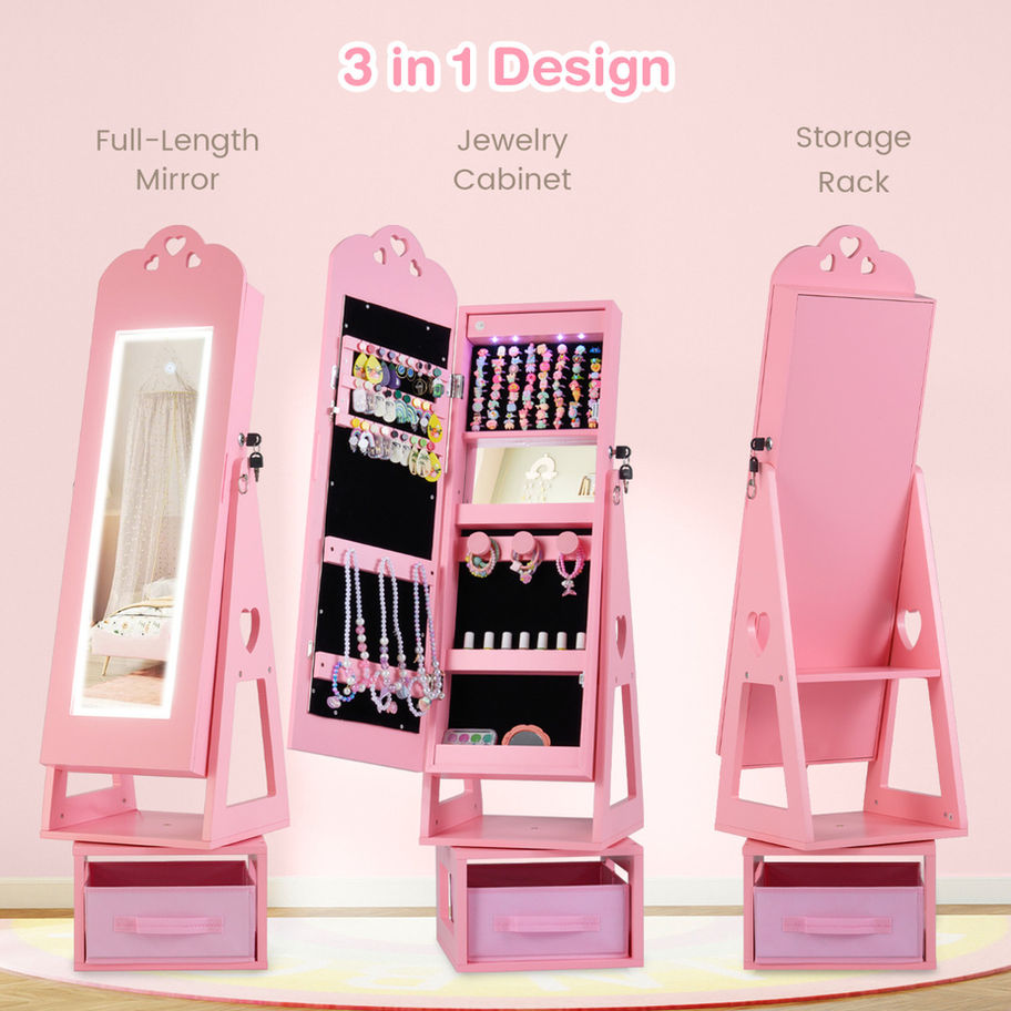 Kids jewelry cabinet with full-length mirror, interior storage, and back shelves