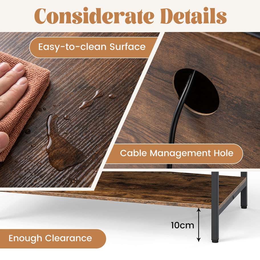 Desk features: easy-to-clean surface, cable management, 10cm clearance