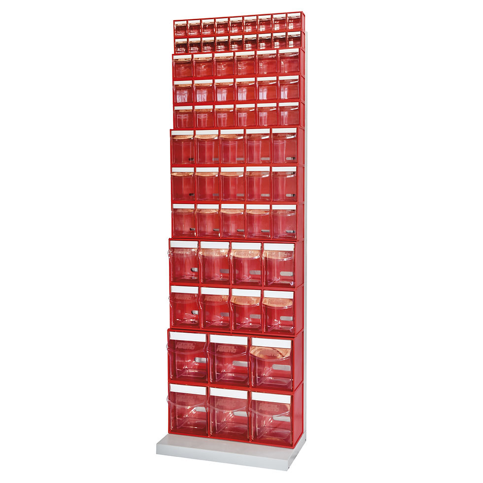 Red retail display stand with numerous small packaged items