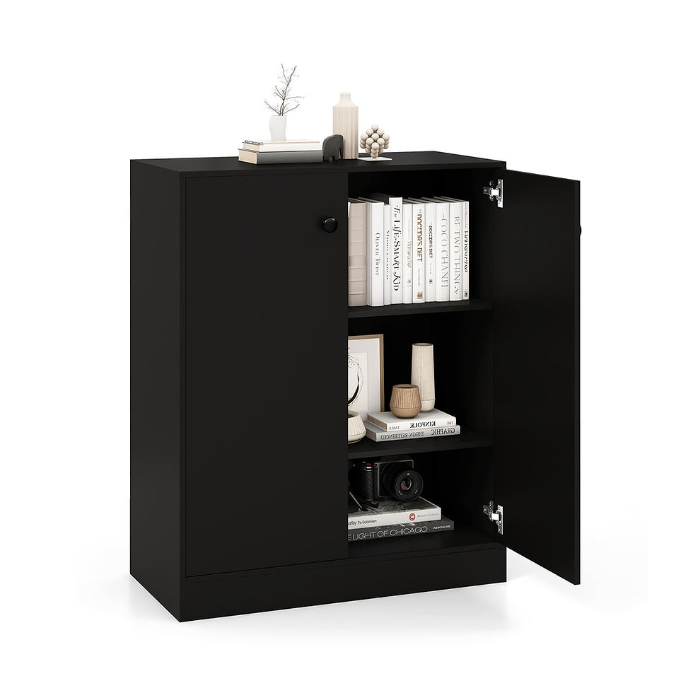 Black cabinet with open door and shelves
