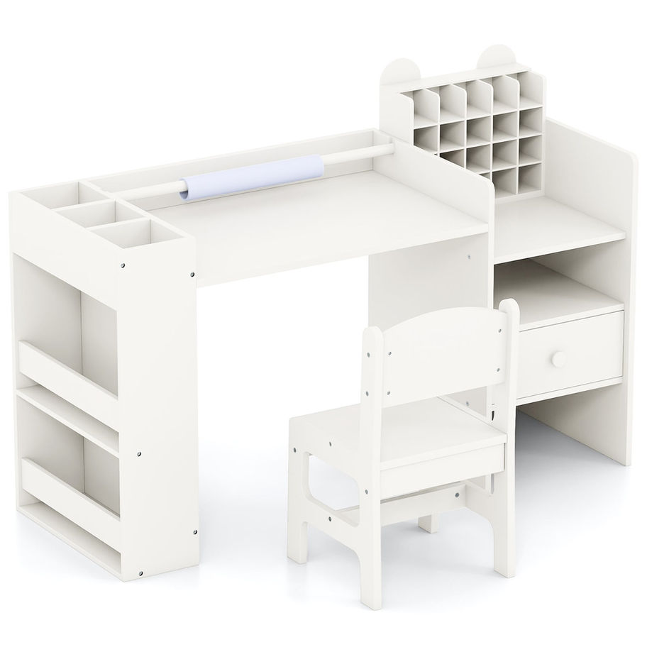White children's desk and chair set with storage