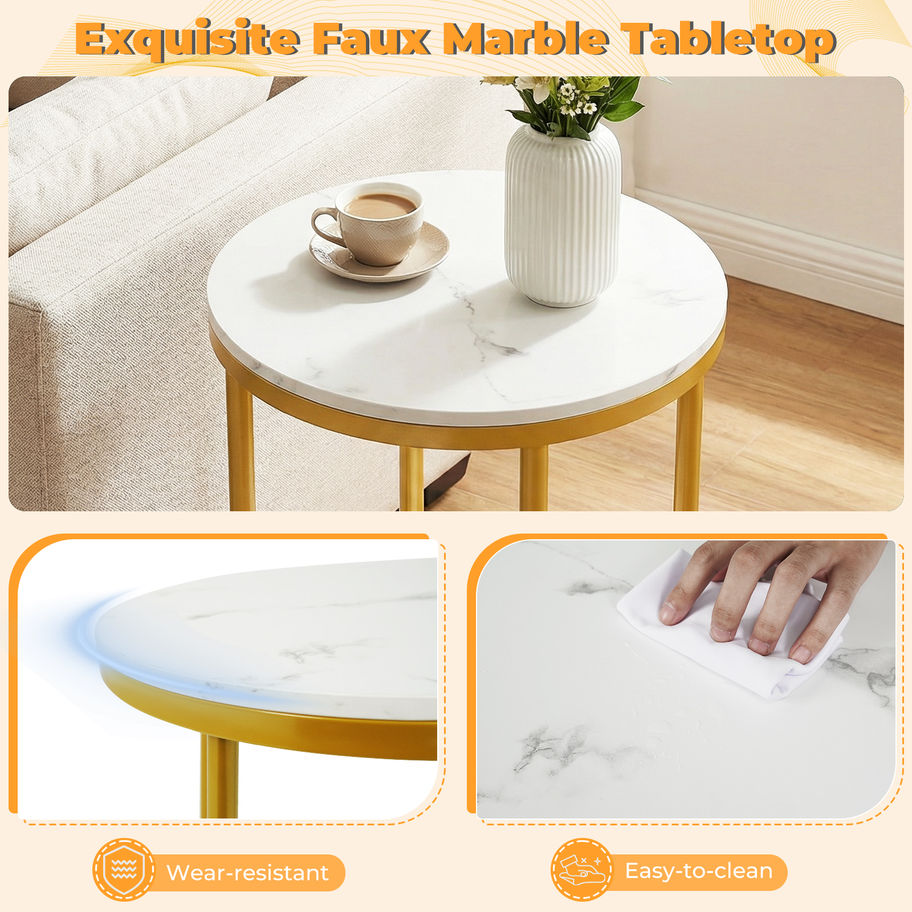 Round side table with faux marble tabletop