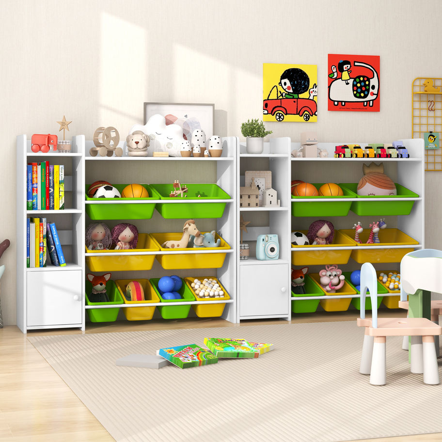 Kids room with white toy storage shelves and colorful bins