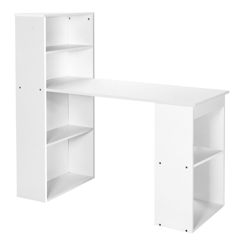 White computer desk with 6-tier storage bookshelves