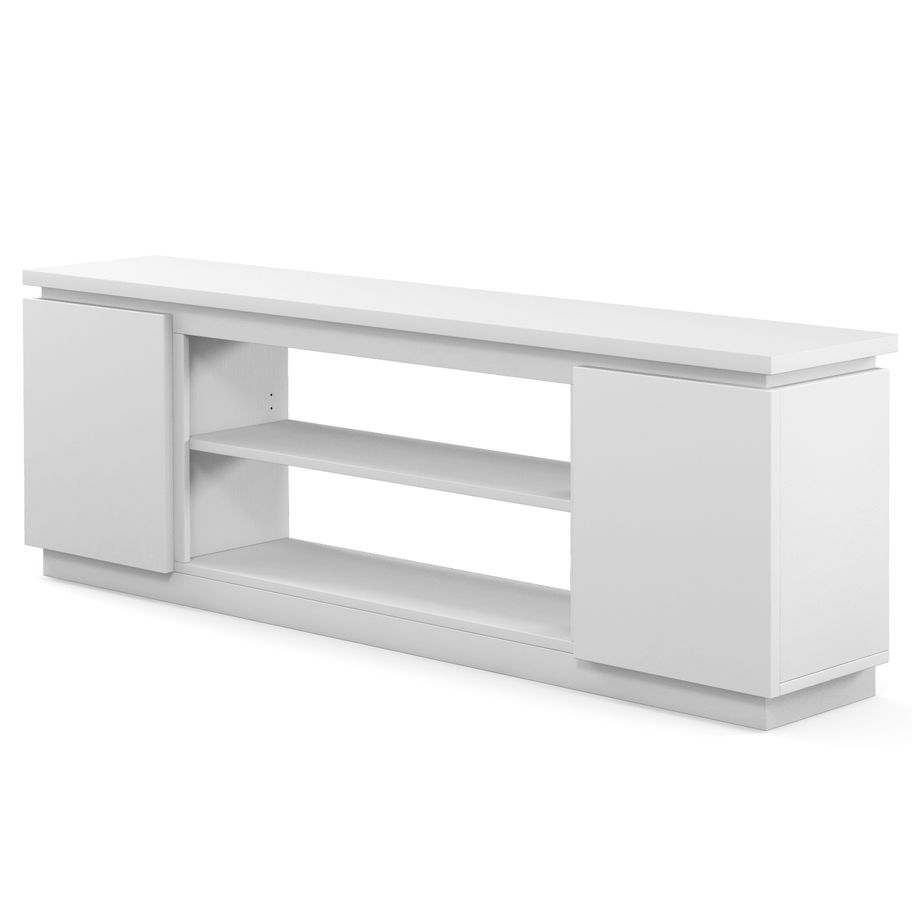 White storage console with two open shelves and two closed cabinets