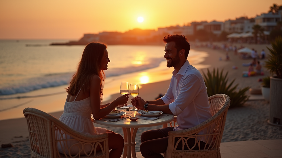 High angle view of a couple enjoying a sunset dinner on a beach terrace