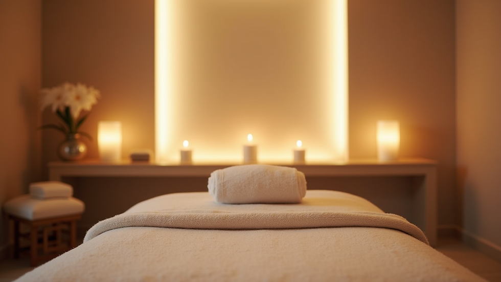 Eye-level view of a peaceful massage room with soft lighting