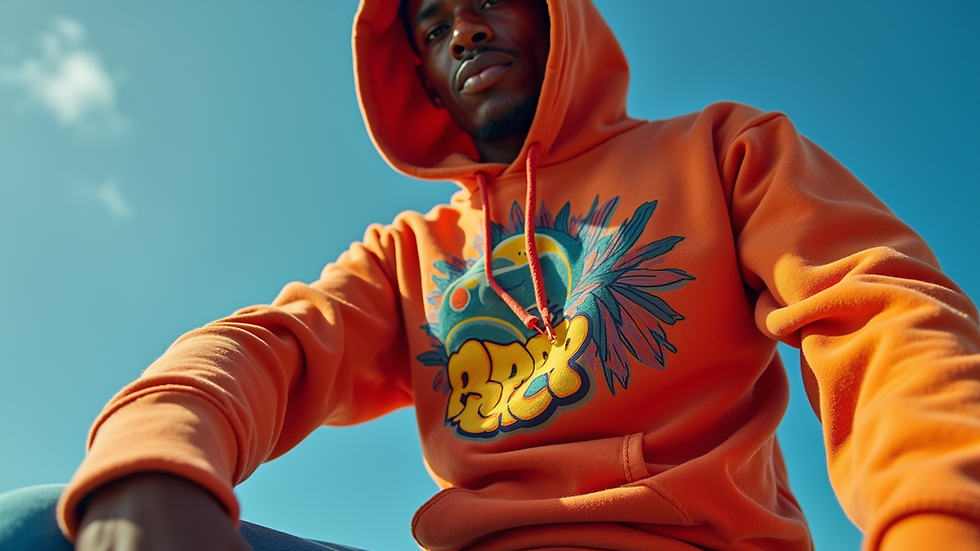Eye-level view of a colorful hoodie with bold graphic print