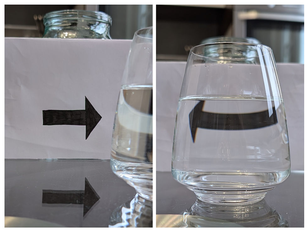 This “experiment” can be performed at home as well – the only things you would need are a piece of paper, a black marker, and a transparent glass filled with water. As you can see, the shape of my arrow also got distorted: this is because I used a curved glass. As light rays passed through the glass’ uneven surface, they were refracted differently, making the resultant image become elongated and bent.