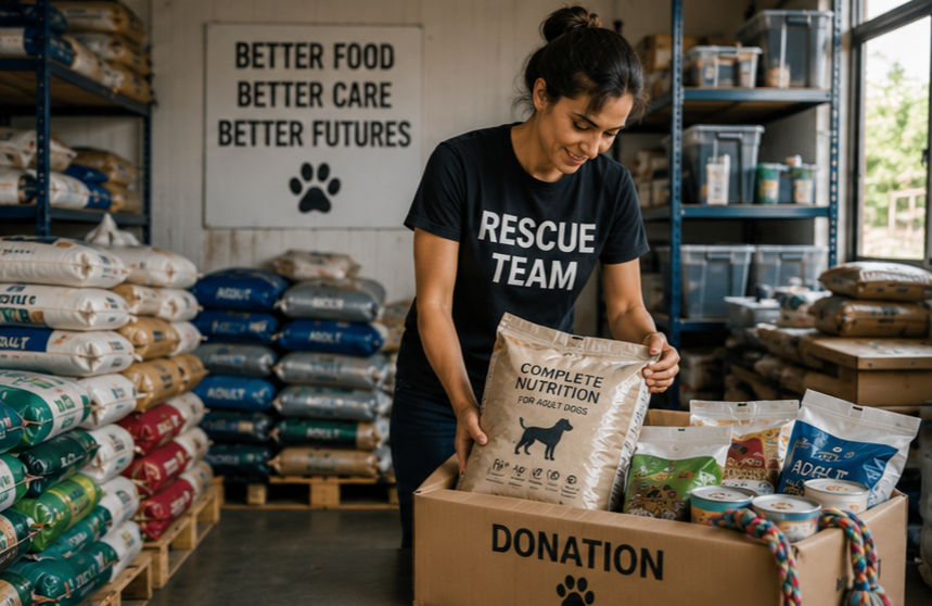 Volunteer organizing donated dog food, representing food support, rescue care, and practical help for rescue partners through The Good Strays Project.