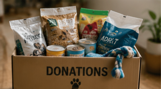 Box of donated pet food, canned food, and dog toys, representing physical donations and everyday care for rescue animals through The Good Strays Project.