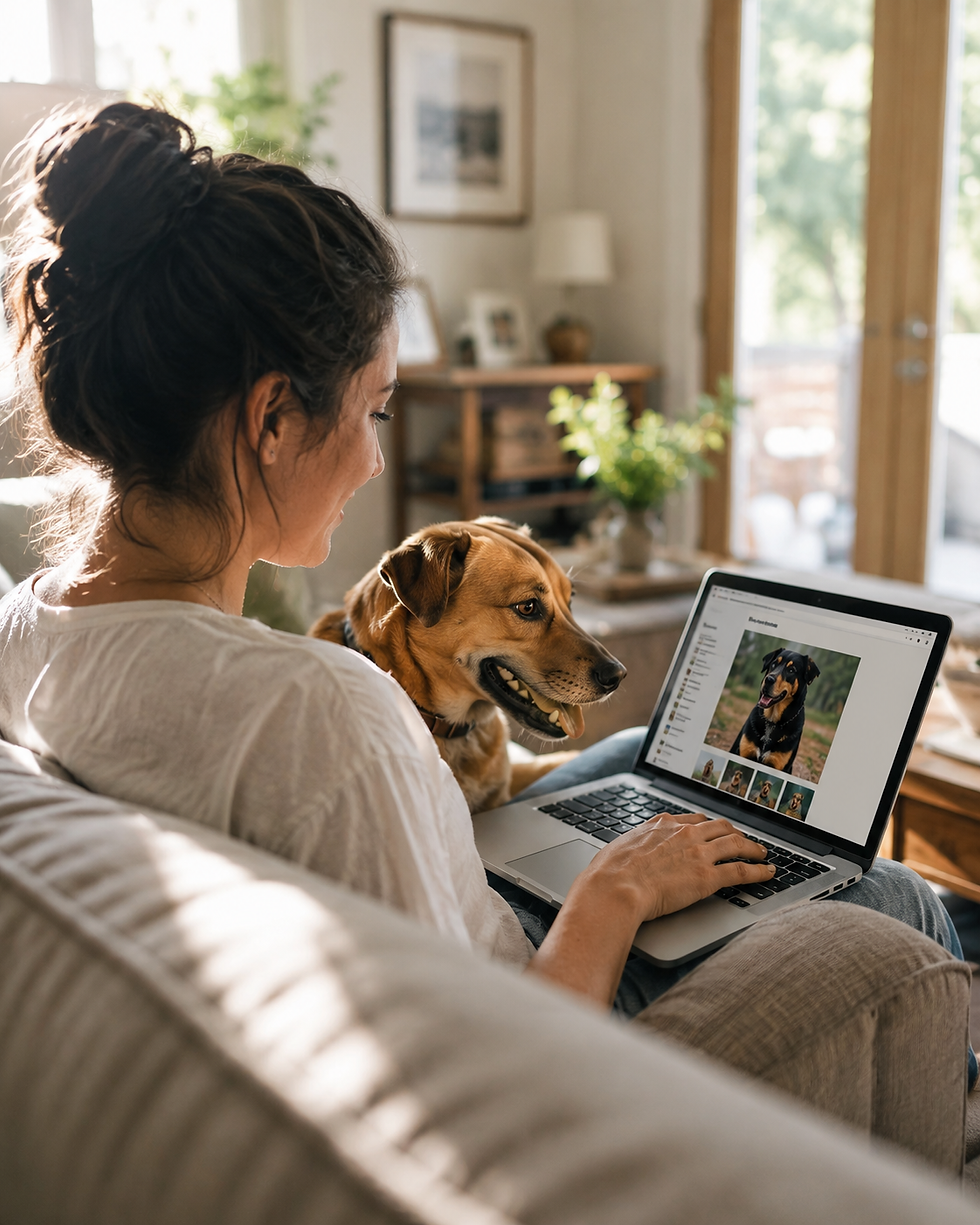Volunteer updating a rescue dog profile online with a dog beside her, representing remote support, adoption visibility, and digital outreach.