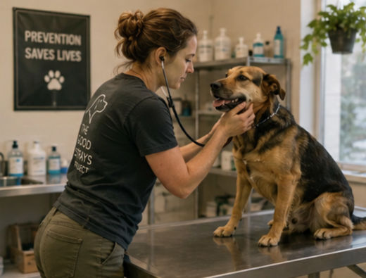 Veterinary professional examining a rescue dog, representing medical care, prevention, and future veterinary support through The Good Strays Project.