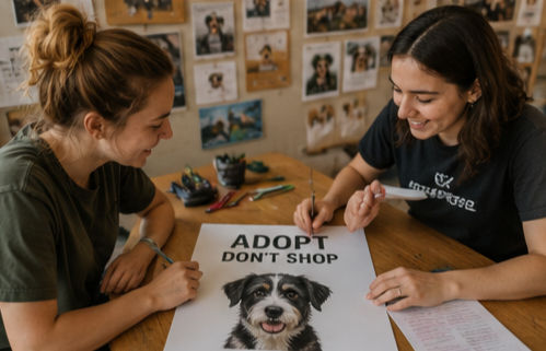Volunteers creating adoption materials for a rescue dog, representing storytelling, outreach, and adoption visibility through The Good Strays Project.