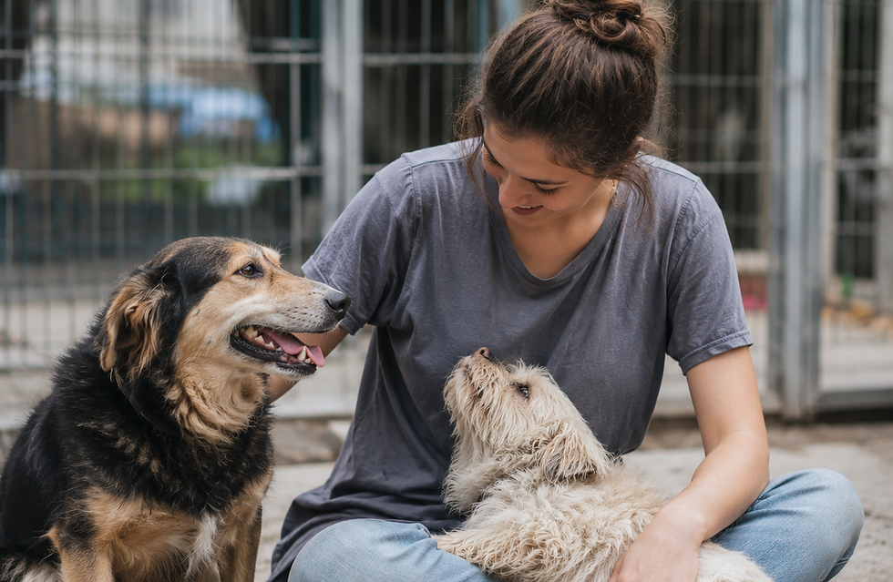 Volunteer sitting with two rescue dogs at a shelter, representing trust, companionship, and compassionate care through The Good Strays Project.