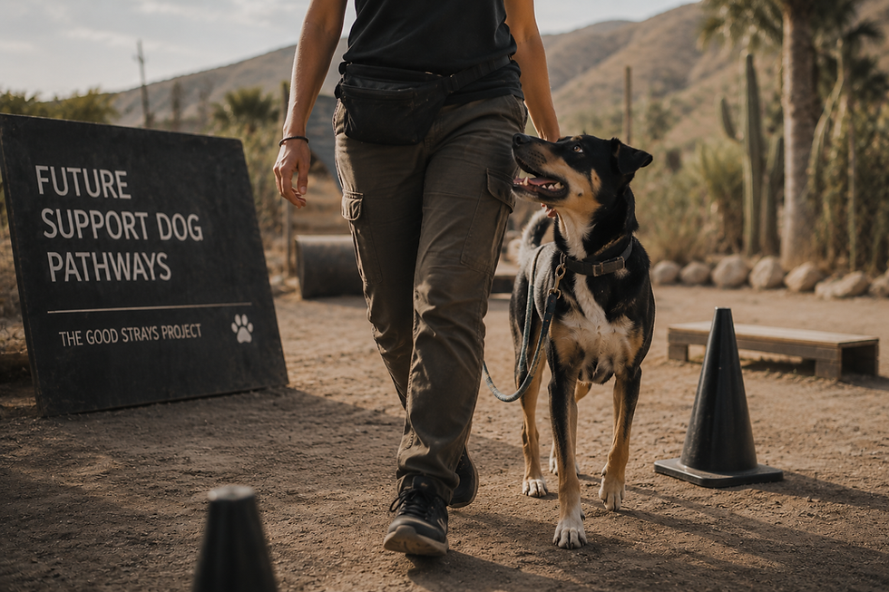 Trainer walking a rescue dog through a structured training area, representing future support dog pathways and new opportunities through The Good Strays Project.