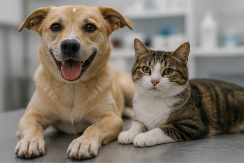 Rescue dog and cat resting together at a veterinary clinic, representing care, recovery, and support for animals in need through The Good Strays Project.