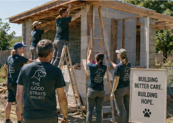 Volunteers building shelter infrastructure for rescue dogs, representing long-term support, safer facilities, and community action through The Good Strays Project.