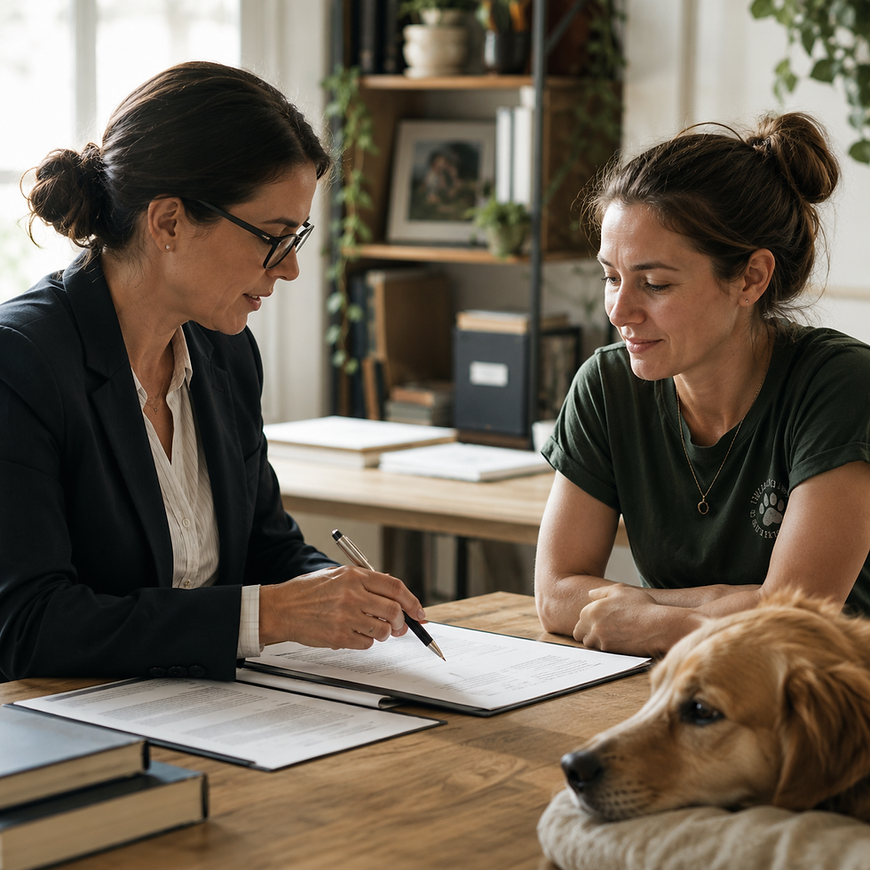 Legal advisor reviewing documents with a rescuer, representing guidance, protection, and legal support for rescue work through The Good Strays Project.