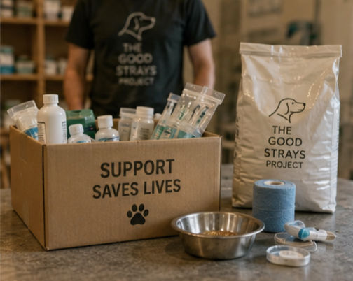 Donated medical supplies and dog food for rescue animals, representing practical support, prevention, and community care through The Good Strays Project.