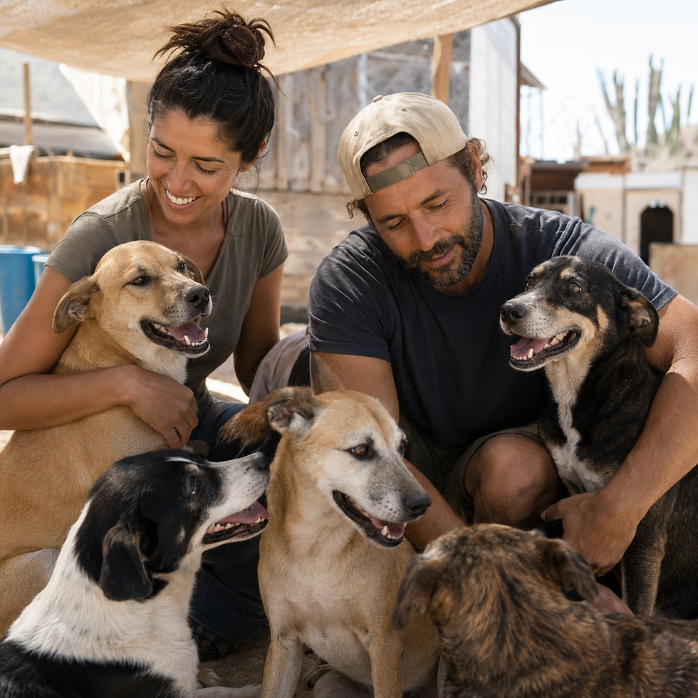 Couple spending time with several rescue dogs, representing connection, adoption possibilities, and second chances through The Good Strays Project.