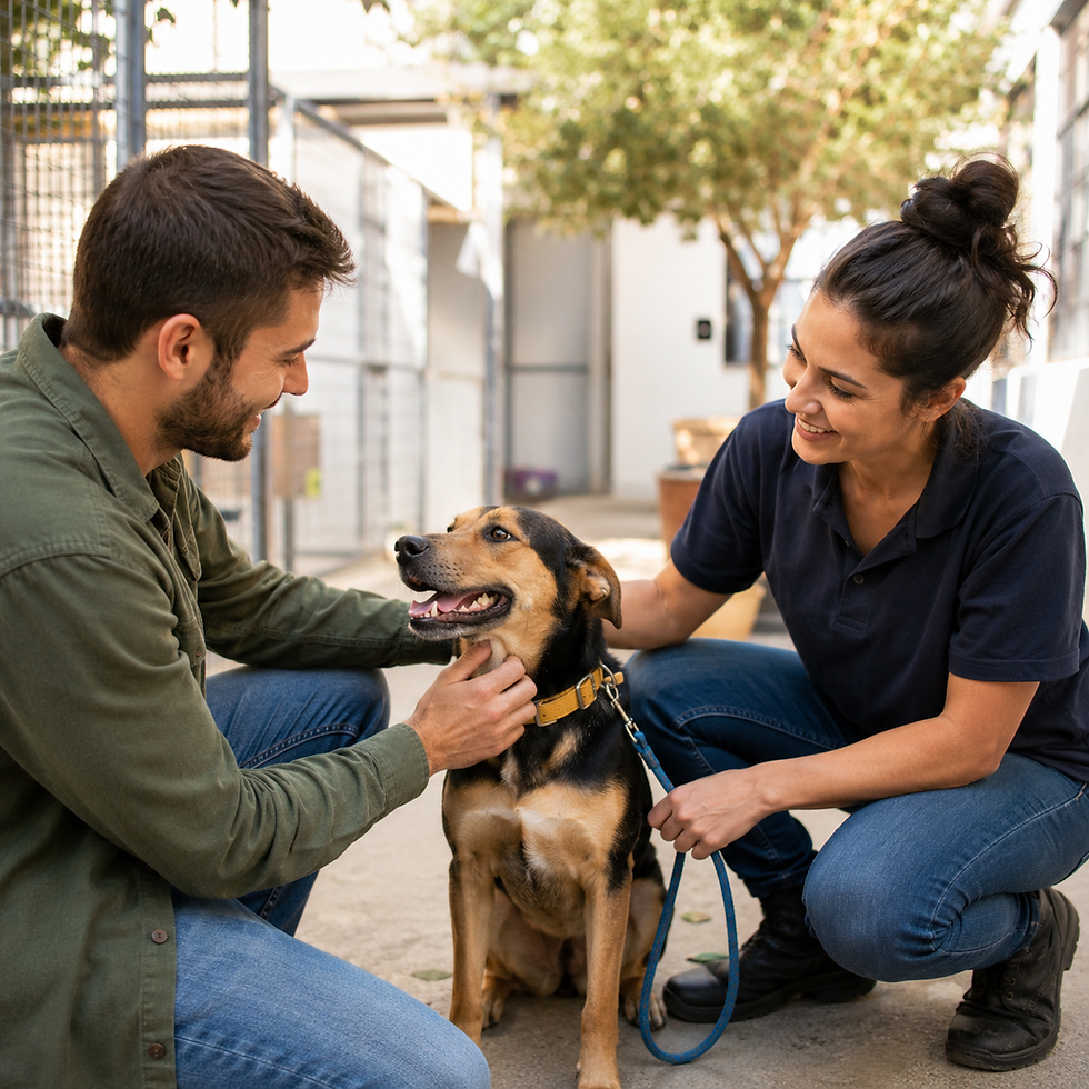 Potential adopter meeting a rescue dog with a volunteer, representing trust, adoption support, and thoughtful matchmaking through The Good Strays Project.