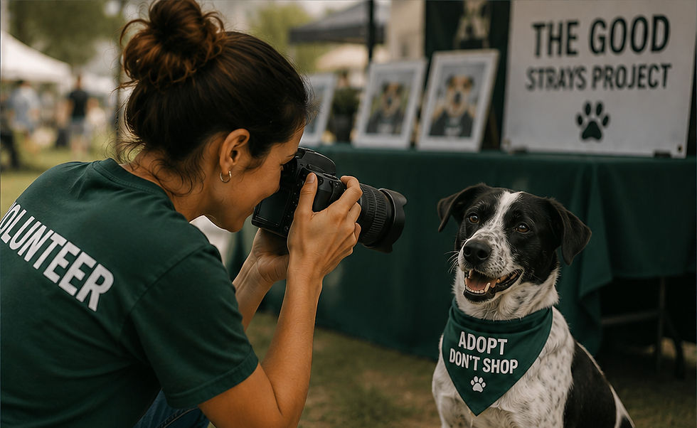 Volunteer taking adoption photos of a rescue dog, representing visibility, storytelling, and adoption outreach through The Good Strays Project.