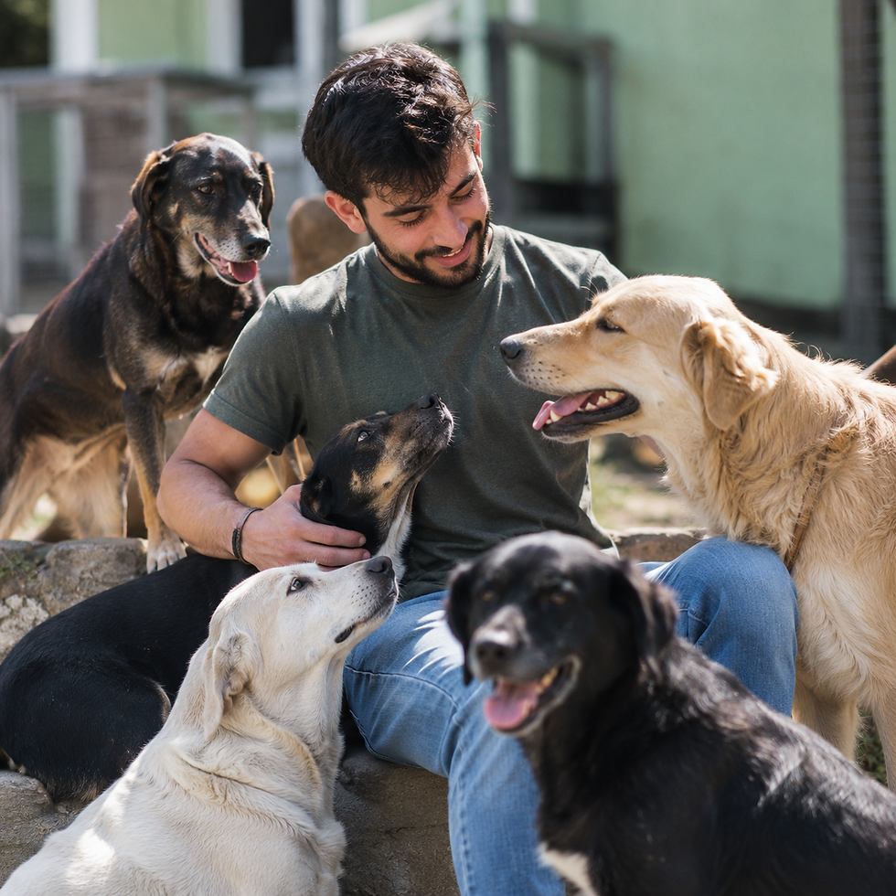 Volunteer surrounded by rescue dogs, representing hands-on care, socialization, and meaningful support for dogs waiting for homes.
