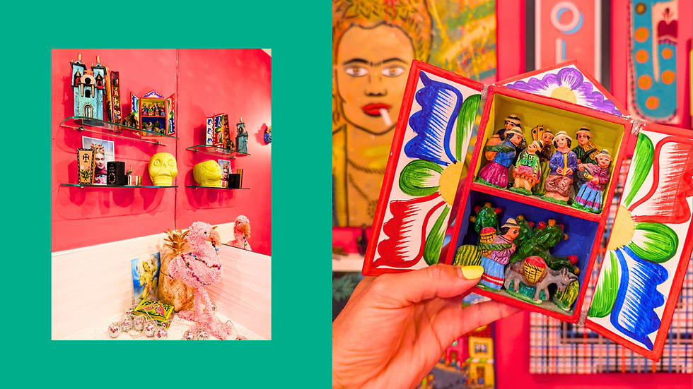 Handmade Peruvian retablo featuring a market scene in a colourful folk art box