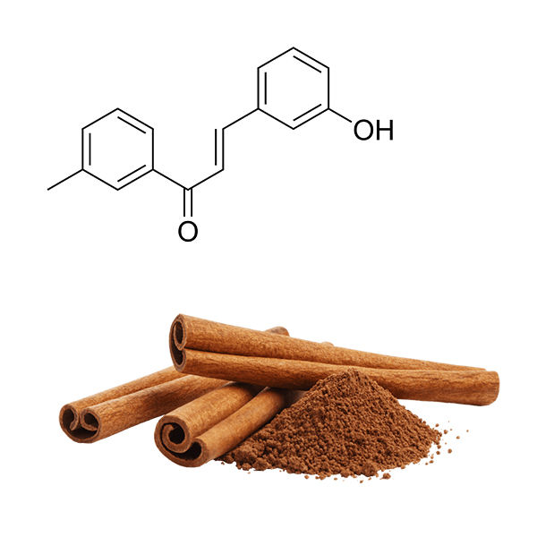Struttura chimica del metilidrossicalcone affiancata a stecche e polvere di cannella, sua principale fonte naturale.