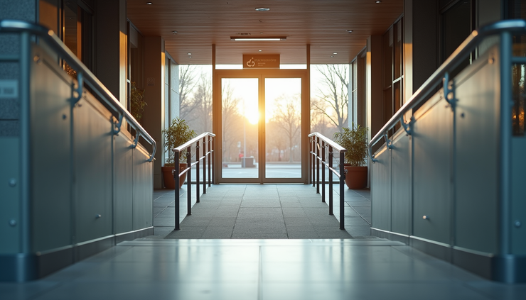 Eye-level view of a wheelchair-accessible ramp leading to a public building entrance