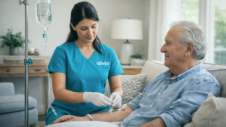 Home infusion therapy nurse assisting patient at home