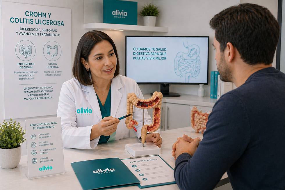 Doctor explaining the differences between Crohn’s disease and ulcerative colitis to a male patient using a digestive system model in a professional clinical setting.