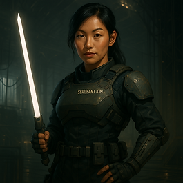 • Age at Launch: 29
• Build: Lean, wiry, compact strength
• Hair: Cropped black, utilitarian cut for helmet wear
• Eyes: Dark brown, observant and calculating
• Notable Gear: Signature vibrosword—a white-hot ultrasonic blade housed in a compact grip cylinder used to clear terrain and threats alike