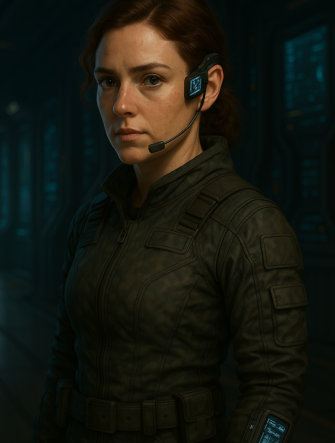 • Age at Launch: 31
• Build: Slim but wiry; surprisingly strong from years of field gear hauling
• Hair: Dark auburn, usually pulled into a tight tail or messy bun under her helmet
• Eyes: Hazel-green, usually flicking between data overlays and team members