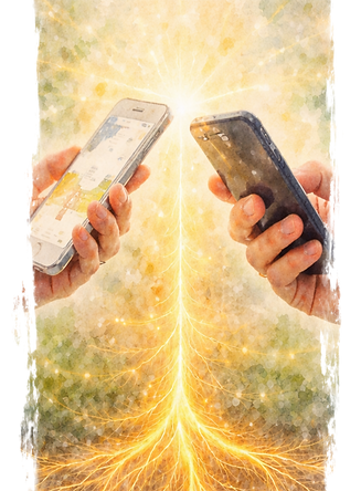 Hands holding mobile phones representing getting in touch and connection with Rooted Healing