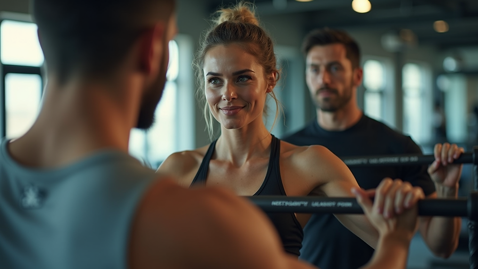 Close-up view of a fitness trainer guiding a client during a workout