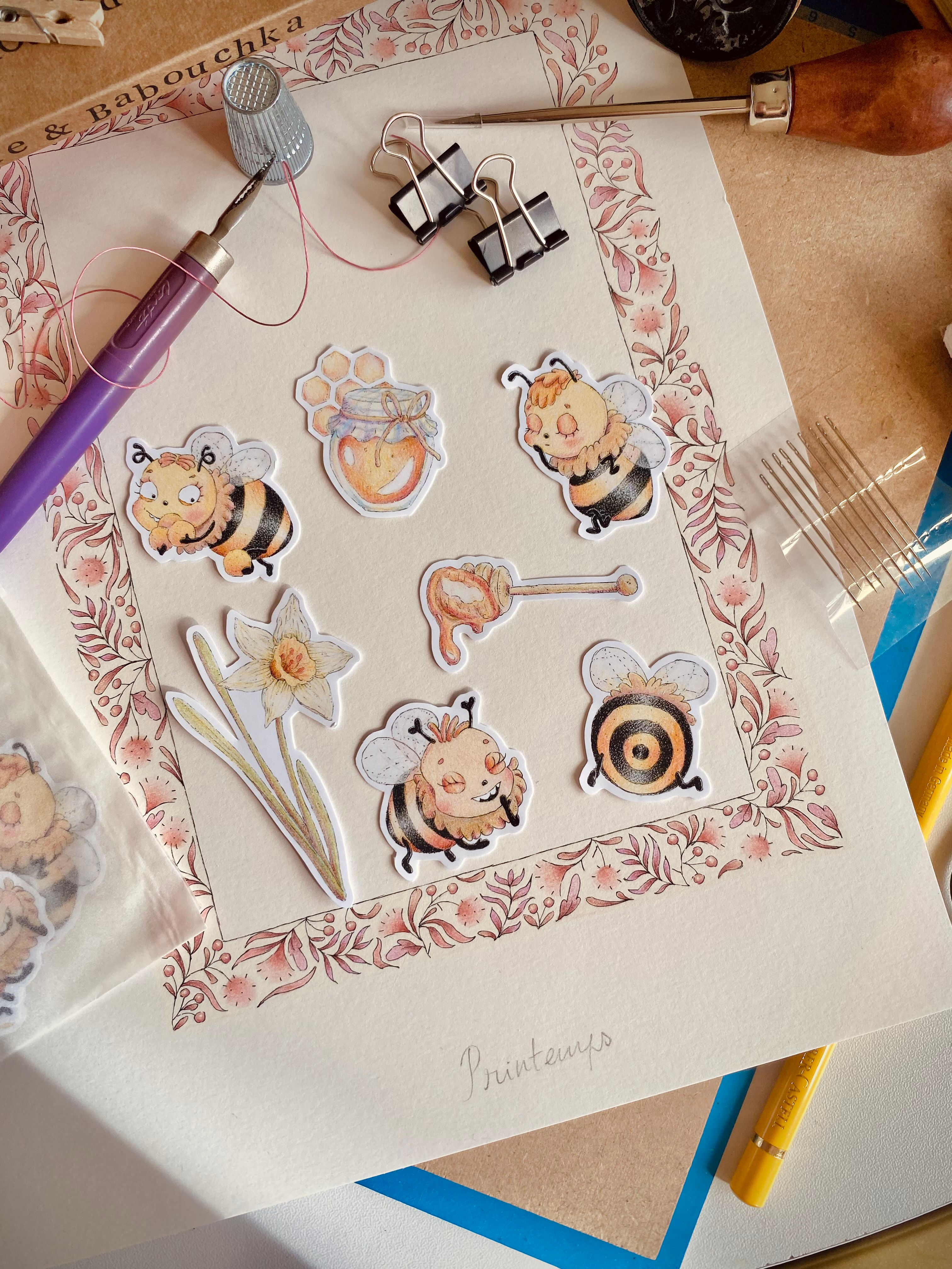 Lot de 7 Stickers mats - Abeilles & Miel - Collection Printemps