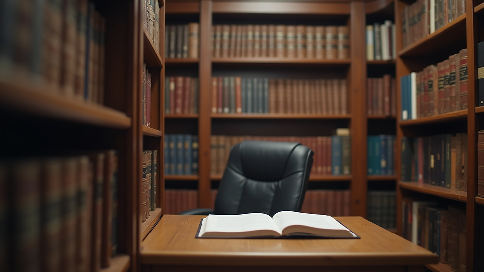 Eye-level view of a law office with bookshelves filled with legal books