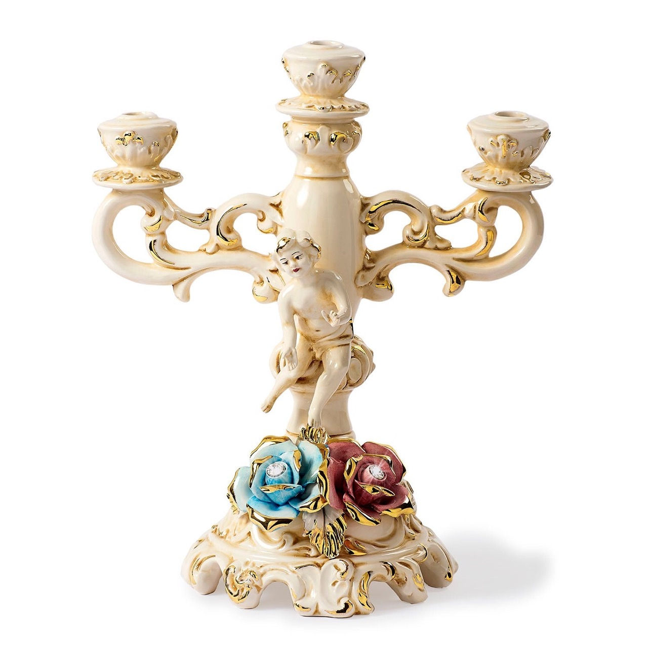 Capodimonte Left Candlestick with Roses and Cherubs